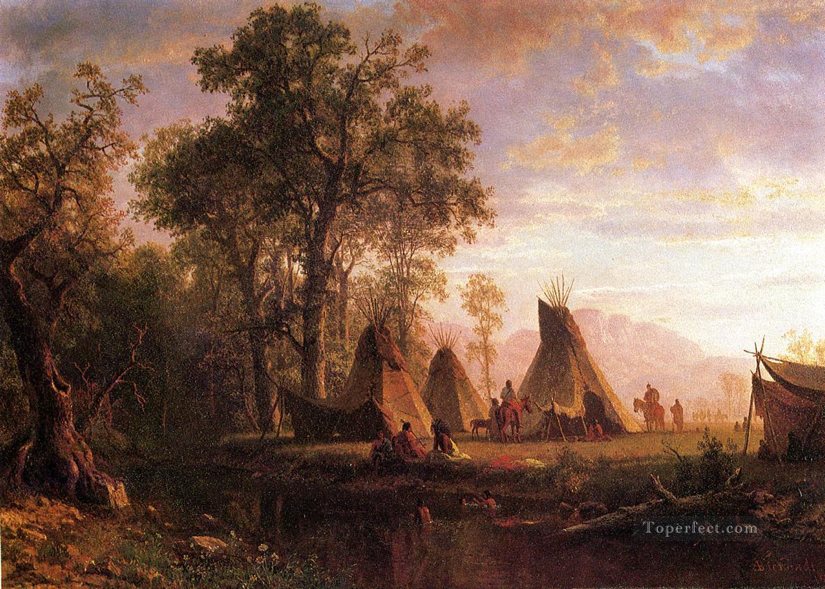 Indian Encampment Late Afternoon Albert Bierstadt Landscapes stream Oil Paintings